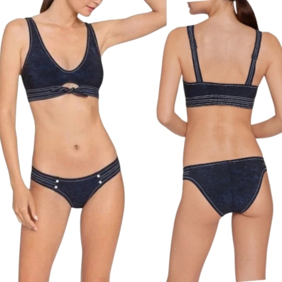 NWT Robin Piccone Valeria Bikini Navy Blue Stitched Swim Set XS